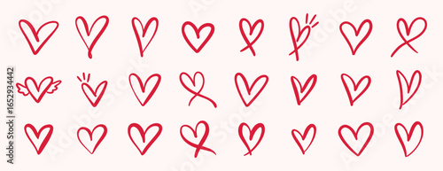 pink hand drawn hearts. unique heart various styles and shapes. Pink hearts doodle artistic set. Valentines hearts