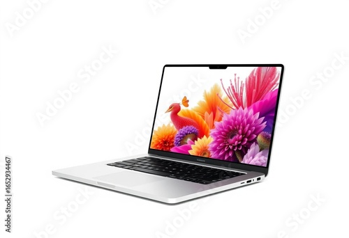 Sleek silver laptop with blank screen, isolated on white, internet, screen