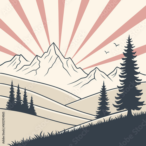 Mountain Peaks Vector Landscape with Sun Rays