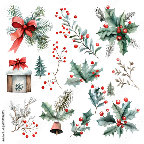 Festive watercolor illustrations of holly, pine branches, and red berries evoke joyful holiday spirit. collection includes decorative elements like ribbons, bells, and small trees, perfect
