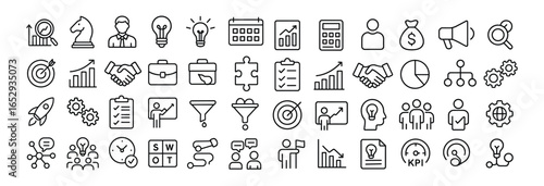 Business strategy vector web icon set in modern line style, linear icons for web and mobile app, including market analysis, leadership, innovation, planning and editable stroke design