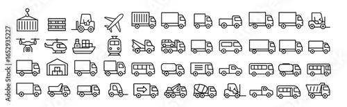 Commercial vehicles vector web icon set in modern line style, transportation and logistics icons for web and mobile app, including truck, van, bus, delivery and cargo fleet illustration