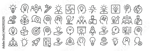 Creativity and innovation vector web icon set in modern line style, creative business solution icons for web and mobile app, including idea, team management, brainstorming, invention
