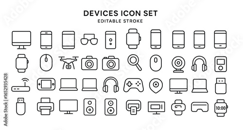 Devices vector web icon set in modern line style, electronic gadgets and smart technology icons for web and mobile app, including computer monitor, smartphone, tablet, laptop and drone illustration
