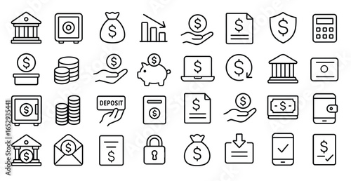 Deposit vector web icon set in modern line style, linear icons representing finance and banking deposit concepts for web and mobile app, including savings, account, cash and transaction illustration