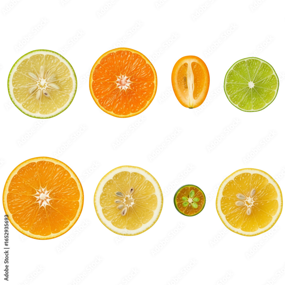 Obraz premium Assortment of fresh citrus fruit slices on a white background