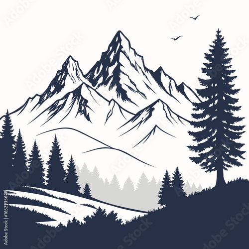 Majestic Mountain Range with Pine Trees Silhouette