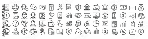 Finance vector web icon set in modern line style, money and payment icons for web and mobile app, including financial report, banking, business, coin, cash and transaction illustration