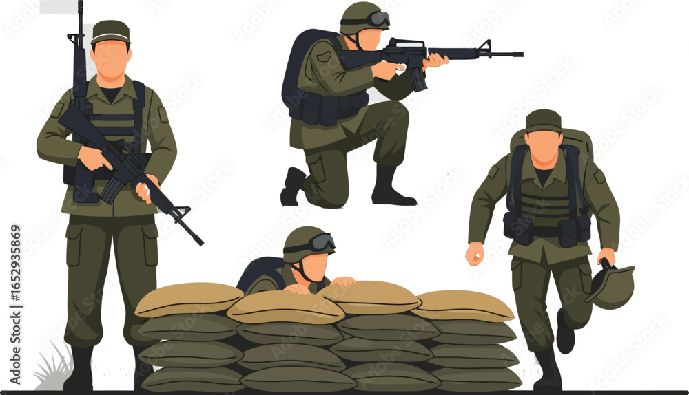 Fototapeta premium Soldiers in combat stances, showcasing various tactical positions and equipment.