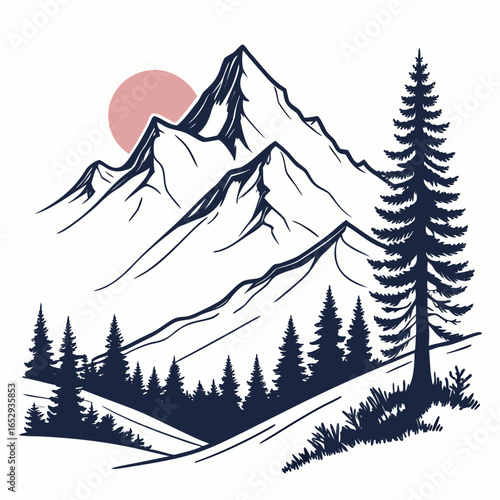 Illustrated snowy peaks with forest and a serene sun.