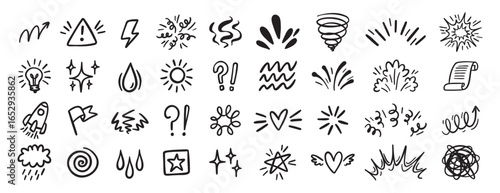 Comic effect icon set, manga doodle elements collection. Retro anime movement, exclamation and emphasis expressions. Doodle emotion of character in comic style