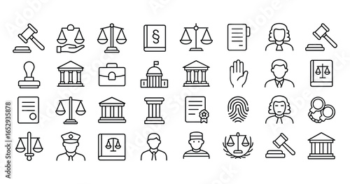 Law and justice vector web icon set in modern line style, legal and court icons for web and mobile app, including law documents, judgement, prison, lawyer, justice, criminal