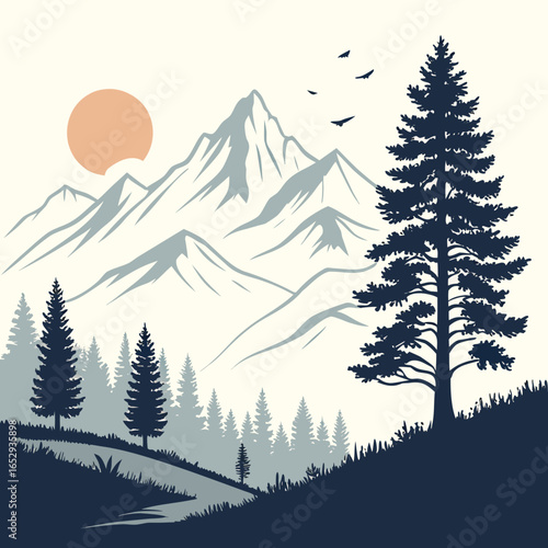 Serene Mountain Landscape with Pine Trees and Sun
