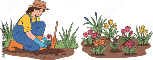 A woman tending her garden, planting flowers and nurturing the soil with a trowel.
