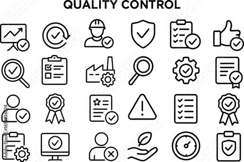 Quality control vector web icon set in modern line style, quality check and assurance icons for web and mobile app, including inspection