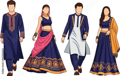 Stylish South Asian couple fashion illustration, showcasing traditional attire.