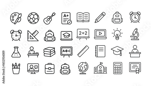 School vector web icon set in modern line style, education and knowledge icons for web and mobile app, including learning, teaching, student, classroom and back to school illustration