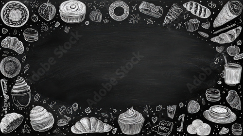 blank chalkboard template with bakery-themed doodles