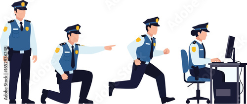 Four police officers in different poses: standing, kneeling, running, and sitting at a computer.
