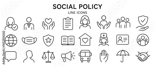 Social policy vector web icon set in modern line style, social services linear icons for web and mobile app, including healthcare, family, education, protection, law, insurance and reform