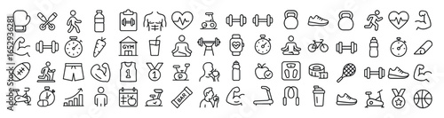 Sport and fitness vector web icon set in modern line style, gym and healthcare icons for web and mobile app, including training, workout, muscle, weight, nutrition, dieting, body care