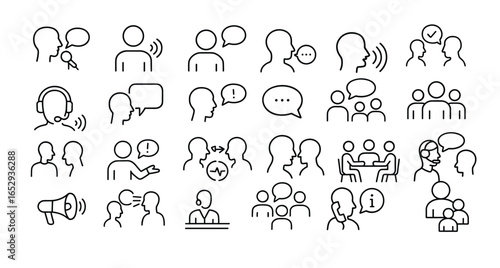 Speaking vector web icon set in modern line style, communication icons for web and mobile app, including people, talking, discussion, speech bubble, teamwork, support and conversation illustration