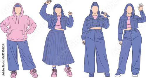 Four women illustrations in different poses and outfits, wearing blue and pink clothing.