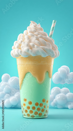 A cartoon-style bubble milk tea with fluffy cream top in 3D, perfect for food-related graphics or illustrations.