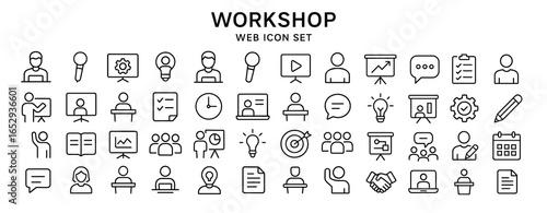 Workshop vector web icon set in modern line style, business workshop icons for web and mobile app, including team building, teamwork, coaching, meeting, management and motivation illustration
