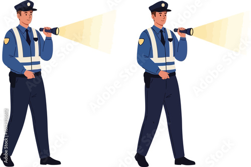 Two police officers in uniform, walking and shining flashlights.