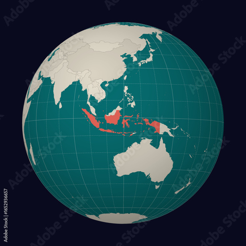 Indonesia on the map. Globe centered to Indonesia. Country location on the world map. Teal Pale Mint color palette. Globe with countries, meridians and parallels. Vibrant vector illustration.