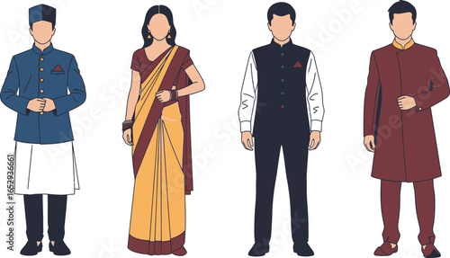 Four figures in traditional Indian clothing, including a sherwani, saree, and kurta pajama, standing against a white background.