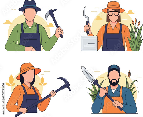 Four stylized figures of gardeners, each holding gardening tools, in a graphic design.