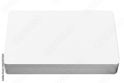Stack of blank white business cards with rounded corners isolated on a transparent background