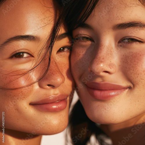 two asian young women, close-up faces, skincare, beauty and wellness campaign, smiling faces, soft warm light