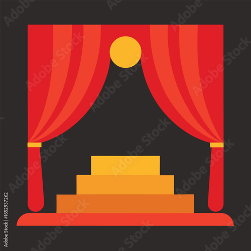 Vector illustration of a luxurious 3D red carpet staircase leading to a grand stage with steps, lights, and a curtain, symbolizing a VIP event