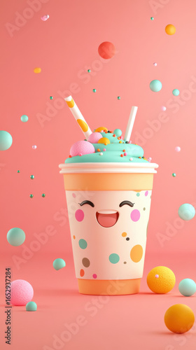 A cartoon bubble milk tea with a kawaii face expressing joy, perfect for food-related content.