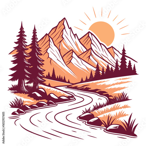 Mountain River Sunset Landscape Illustration