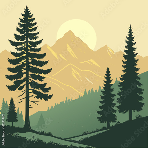 Serene Mountain Landscape with Pine Trees