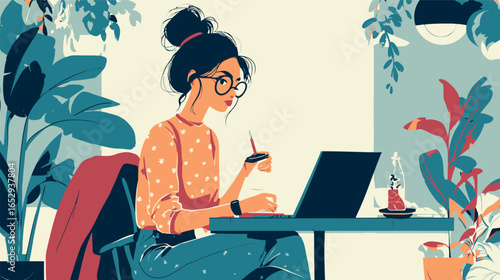 Illustration of a woman with glasses working on a laptop surrounded by plants in a bright room space