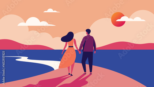 Couple Walking Hand-in- Hand On Path Towards Ocean During Sunset hand-in-hand holding hands transparency background