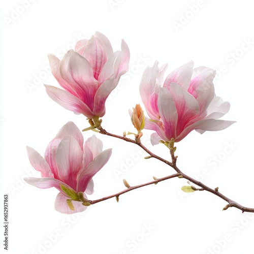 Three delicate magnolia flowers in full bloom on a branch, showcasing their exquisite beauty. The soft pink petals are a visual delight.