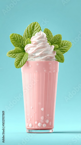 Illustration of bubble milk tea with mint leaves garnish in a cartoon style. Perfect for beverage-related themes.