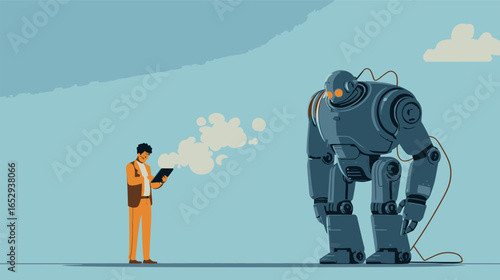 Man with tablet facing a large robot with clouds in the background on a blue sky day illustration