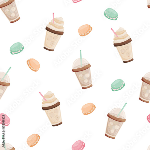 Sweet seamless pattern with iced coffee drinks frappes and lattes with whipped cream, alongside colorful macarons. Ideal for cafe branding, packaging, textiles and sweet themed designs