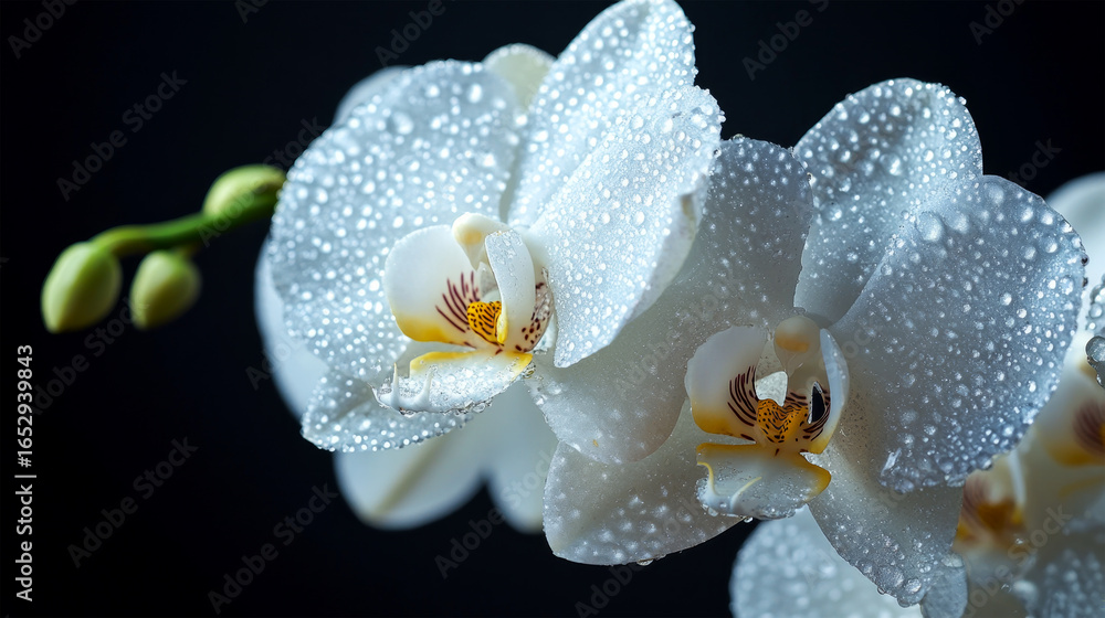 Fototapeta premium White orchid flowers with water droplets in rain 