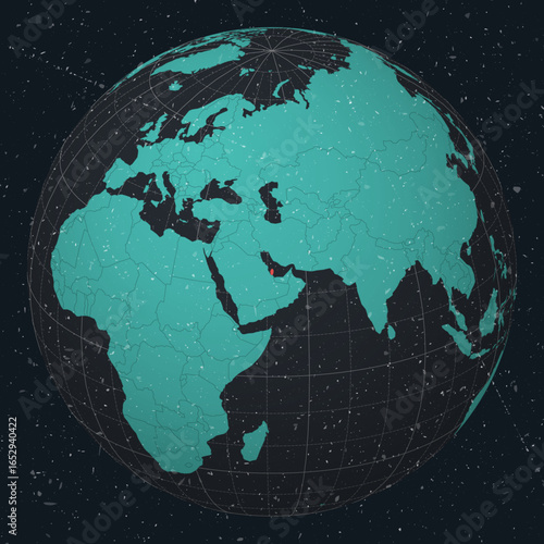 Qatar on Globe. Vintage look with grunge scratched texture. Country view on world map in Dark Charcoal Turquoise color palette. Qatar shape on map. Globe with meridians and parallels.