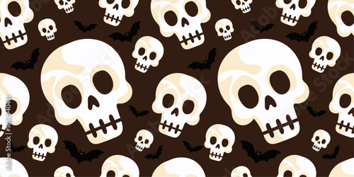 Halloween skull pattern with bats — seamless spooky vector background with skulls and flying bats on a dark backdrop. Perfect for Halloween wrapping paper, scary party invitations, gothic wallpaper.