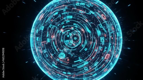 Abstract Blue And Red Glowing Sphere With Intricate Digital Patterns On Black Background Technology Visualization