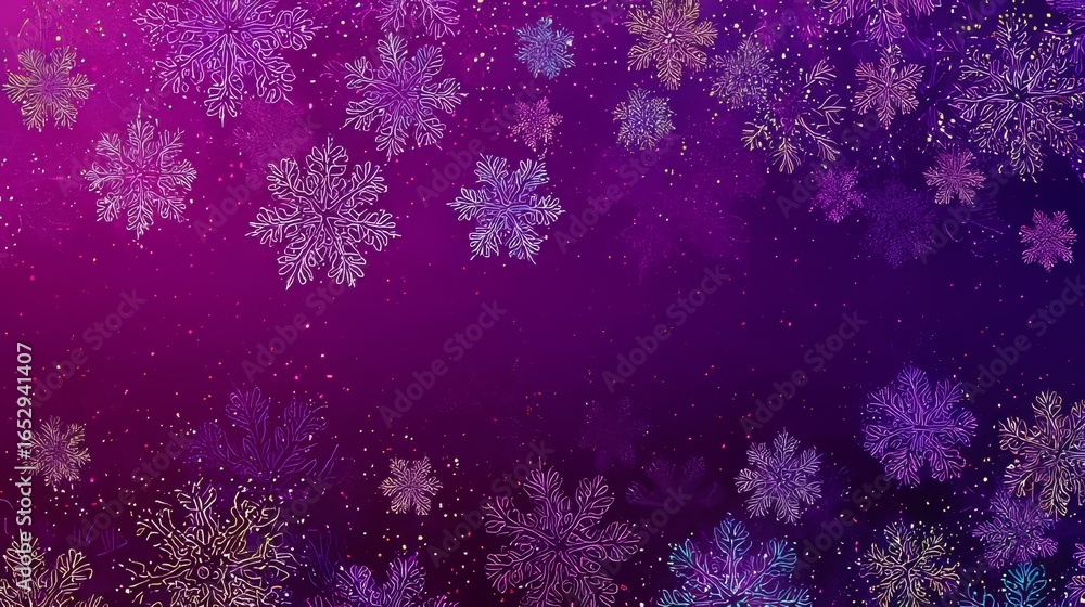 Fototapeta premium Abstract Purple and Gold Snowflake Background with Glitter